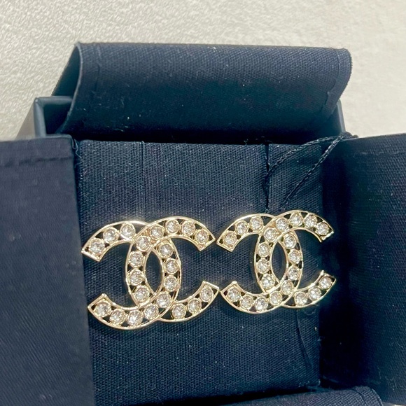 CHANEL Rhinestone CC Logo Coco Studs Earrings Gold tone with Box - Picture 1 of 4